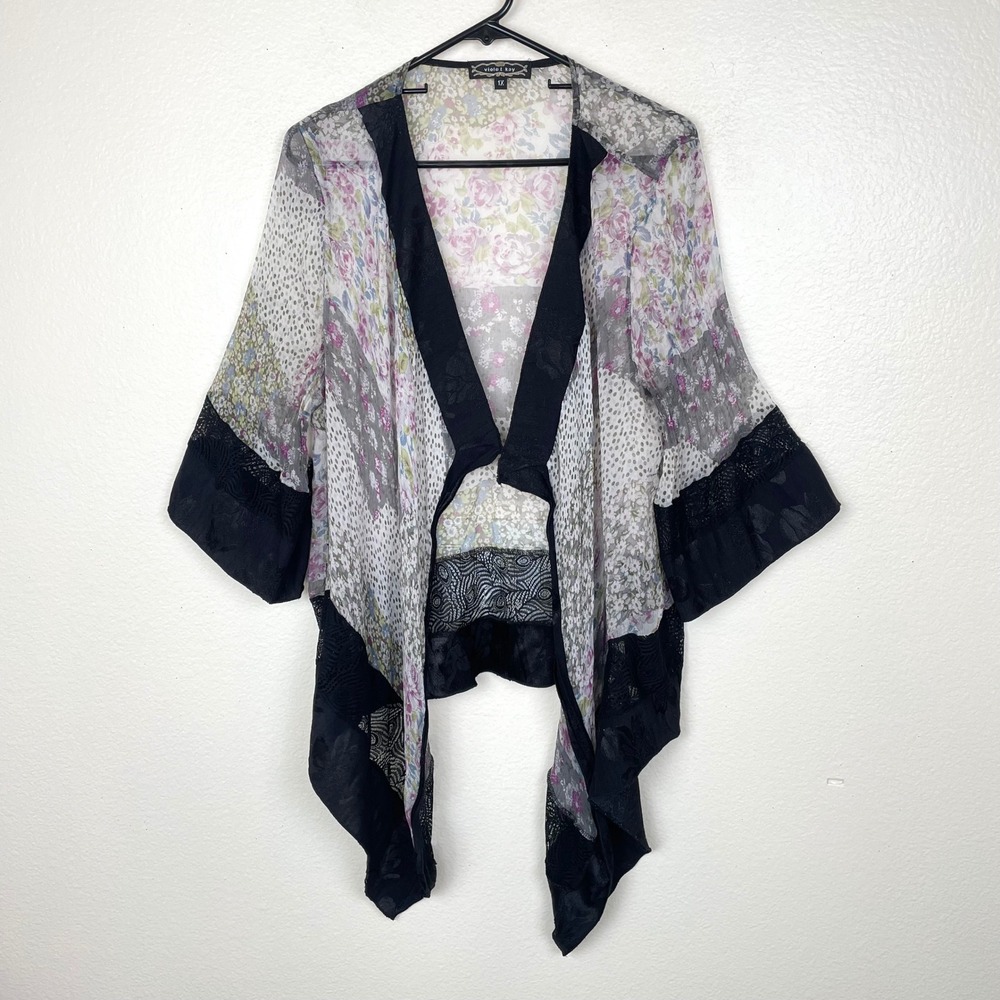 Violet Kay Kimono Sz 1X Silk Asymmetrical Flowy Cover Up Artsy Floral Fairy Boho